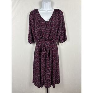 NEW Coldwater Creek Fleur de Lis Blouson Dress Size 14 Purple Tie Waist Stretch